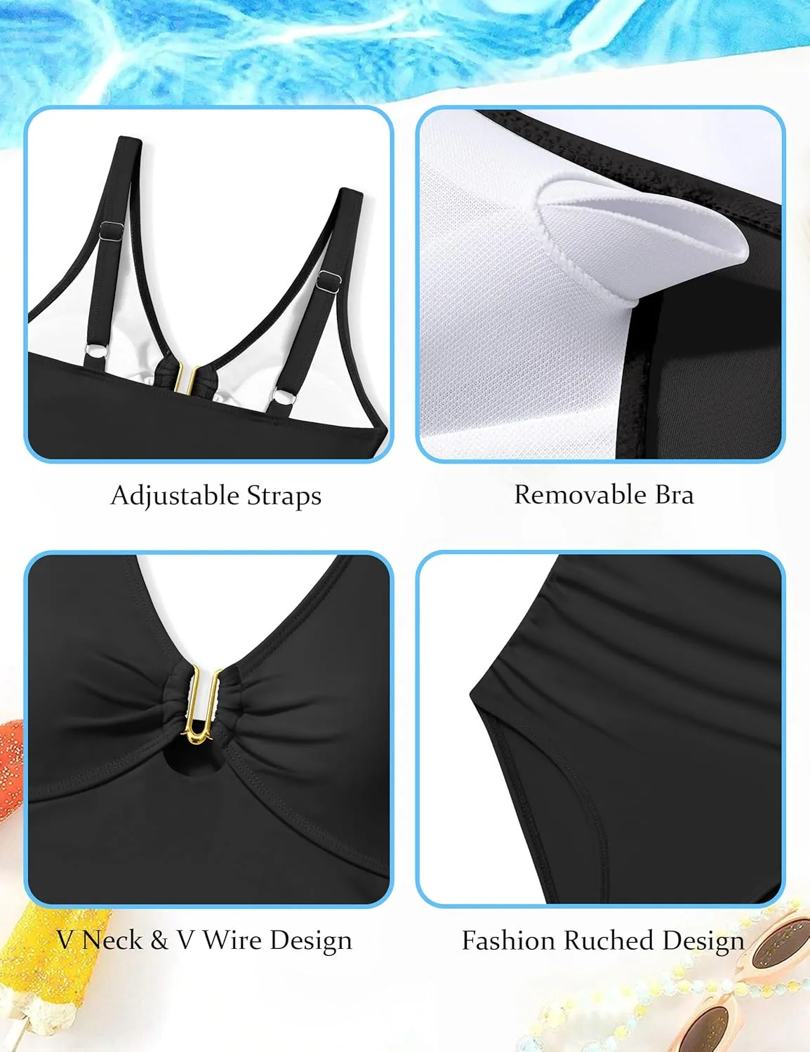 Girls Swimsuit Ruched V Neck One Piece Bathing Suit with Adjustable Straps Solid Color Girls' Swimwear 9-16T