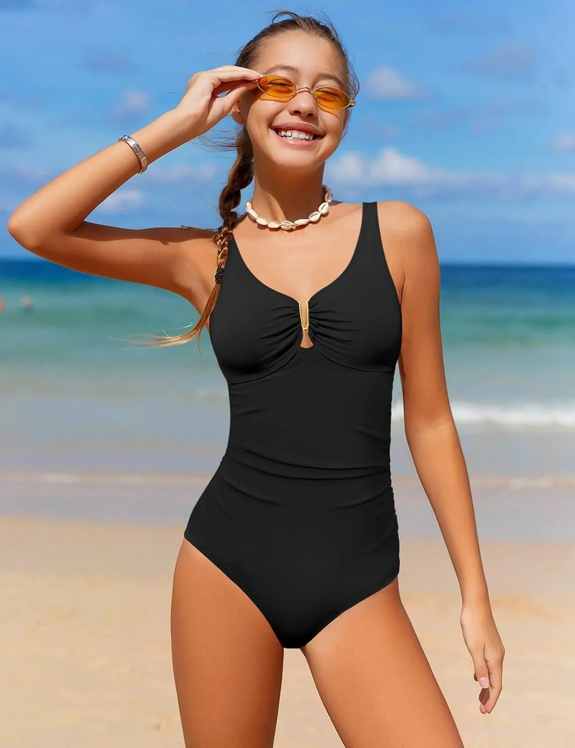 Girls Swimsuit Ruched V Neck One Piece Bathing Suit with Adjustable Straps Solid Color Girls' Swimwear 9-16T