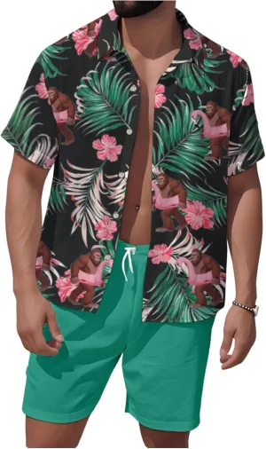 GORGLITTER Men's Hawaiian Matching Set Summer Beach 2 Piece Outfits Flower Button Down Shirts and Shorts Set
