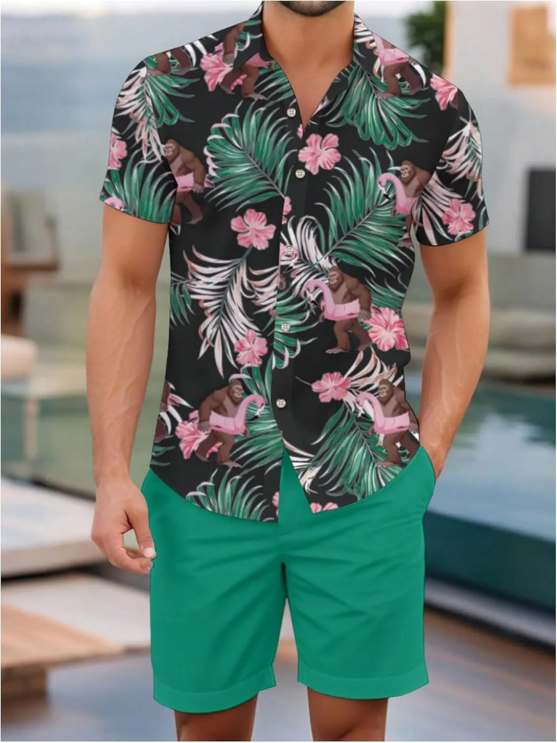 GORGLITTER Men's Hawaiian Matching Set Summer Beach 2 Piece Outfits Flower Button Down Shirts and Shorts Set