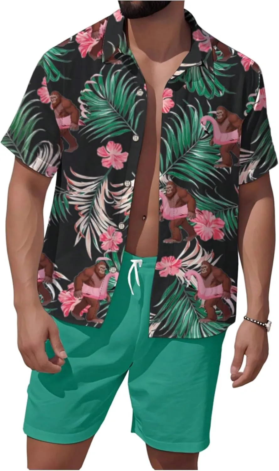 GORGLITTER Men's Hawaiian Matching Set Summer Beach 2 Piece Outfits Flower Button Down Shirts and Shorts Set