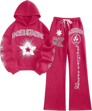 GORGLITTER Women's Letter Star Graphic Sweatsuit 2 Piece Long Sleeve Hoodie Drawstring Waist Sweatpants Set