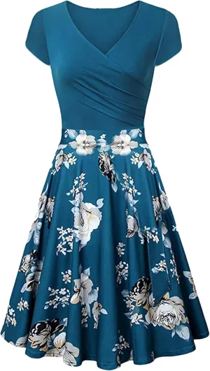 GORIFE Women's Casual Cap Sleeve Summer Dresses Criss-Cross V-Neck Dress Floral Flare Midi Dress