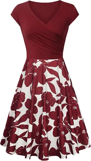 GORIFE Women's Casual Cap Sleeve Summer Dresses Criss-Cross V-Neck Dress Floral Flare Midi Dress