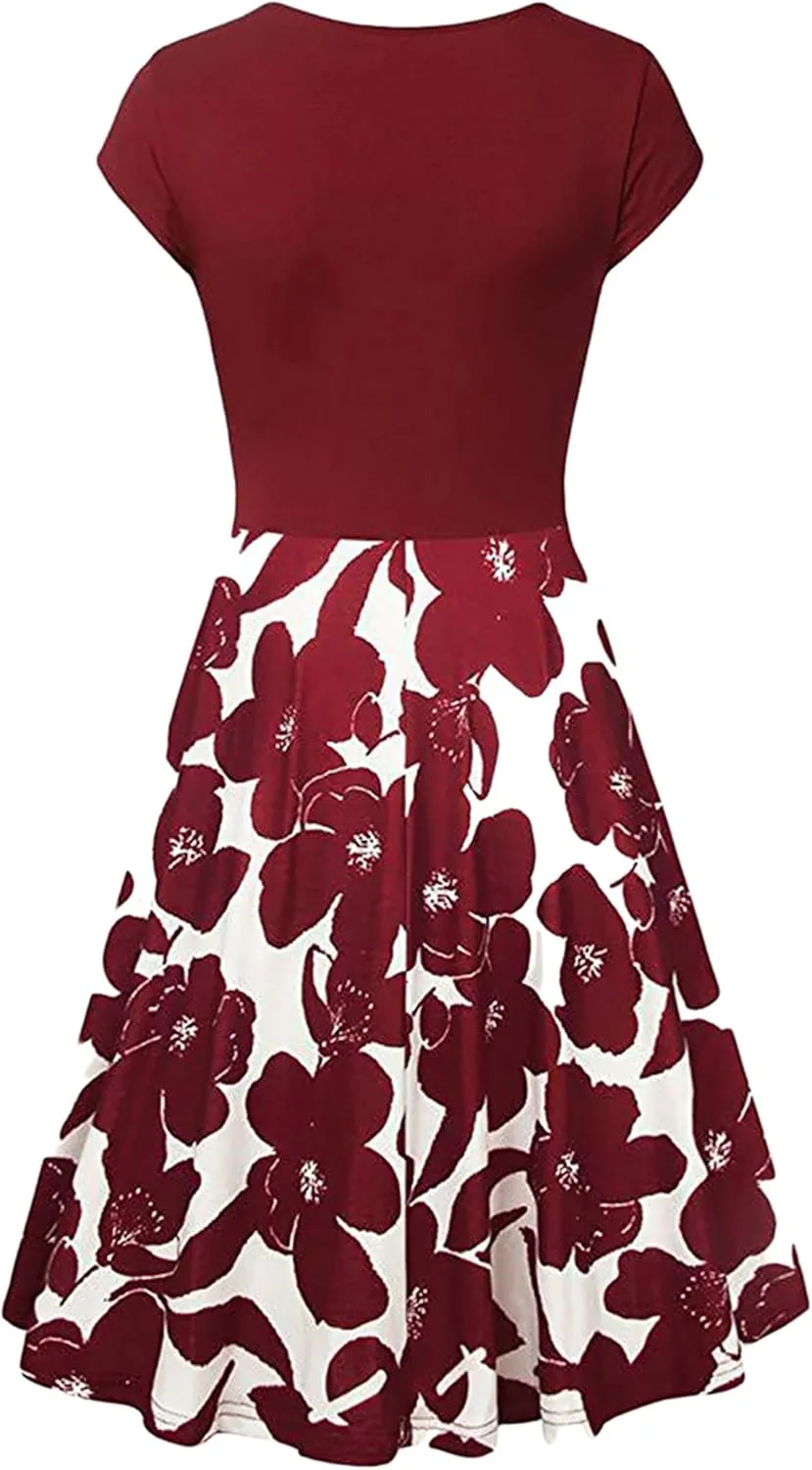 GORIFE Women's Casual Cap Sleeve Summer Dresses Criss-Cross V-Neck Dress Floral Flare Midi Dress