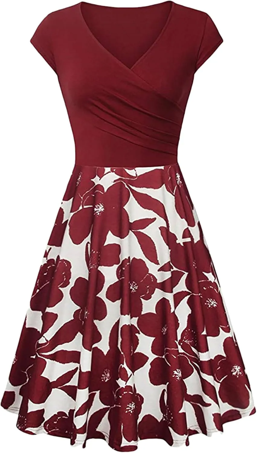 GORIFE Women's Casual Cap Sleeve Summer Dresses Criss-Cross V-Neck Dress Floral Flare Midi Dress