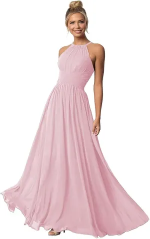 Halter Bridesmaid Dresses Backless Chiffon Long Bridesmaid Dress Evening Dresses for Women Formal with Pockets