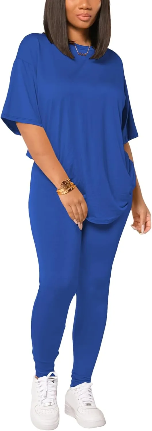 HBQ Women 2 Piece Outfits Summer Sweatsuits Drop Shoulder Tracksuits Biker Short Workout Jogger Sets