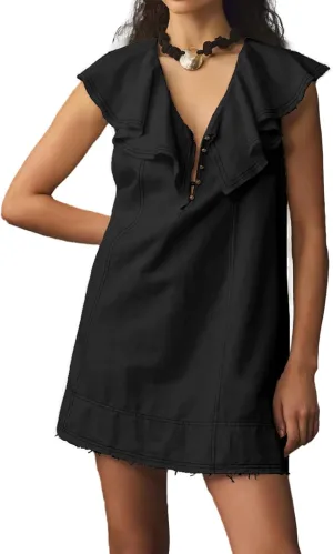 hibshaby Women's Babydoll Short Dress V-Neck Ruffle Sleeve Dress Cute Mini Dress Sundress