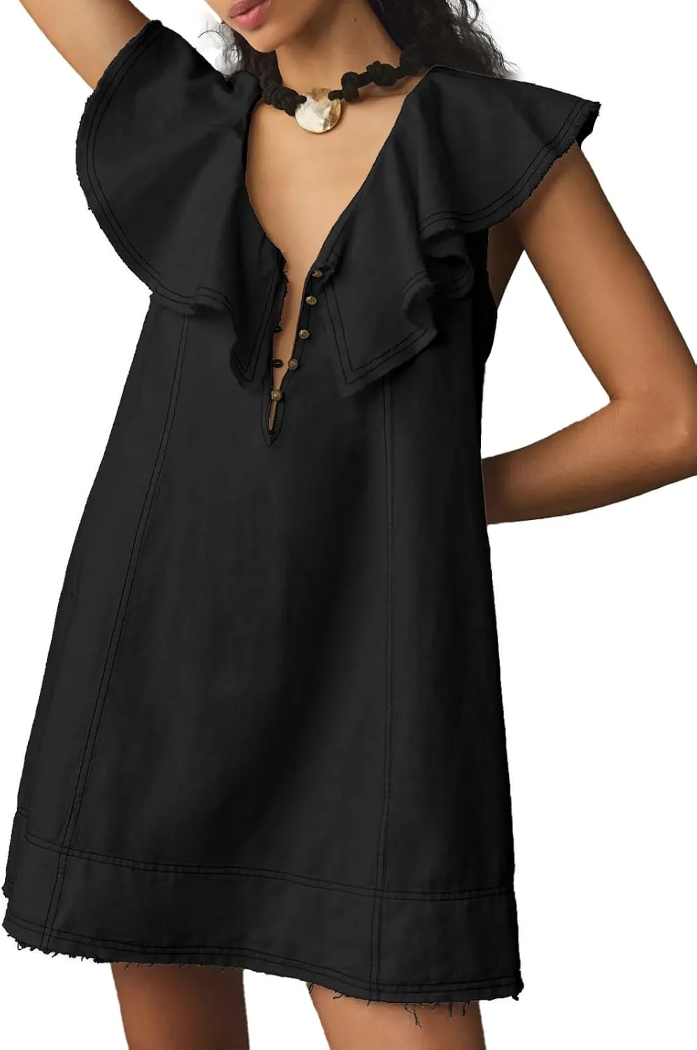 hibshaby Women's Babydoll Short Dress V-Neck Ruffle Sleeve Dress Cute Mini Dress Sundress