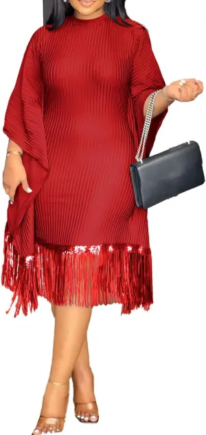 HuiSiFang Women's Casual Fringe Dress Sequin Pleated Tassel Batwing Dress Long Sleeve Plus Size Midi Dresses