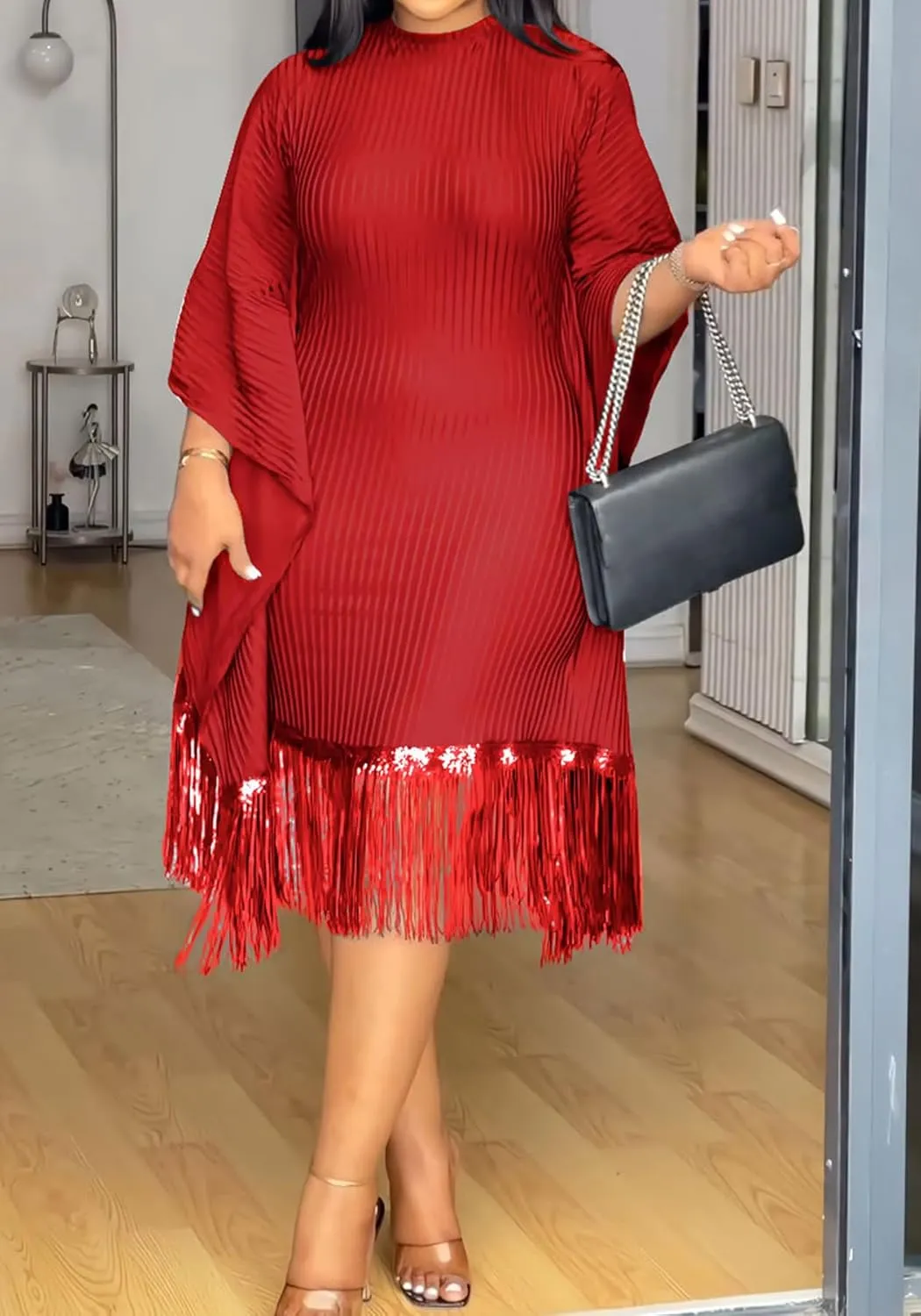 HuiSiFang Women's Casual Fringe Dress Sequin Pleated Tassel Batwing Dress Long Sleeve Plus Size Midi Dresses
