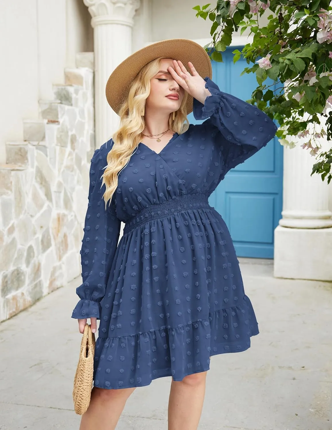 IN'VOLAND Women's Plus Size Swiss Dot Dress Long Sleeve V Neck Chiffon Smocked Short Dress Flowy Ruffle Babydoll Midi Dresses