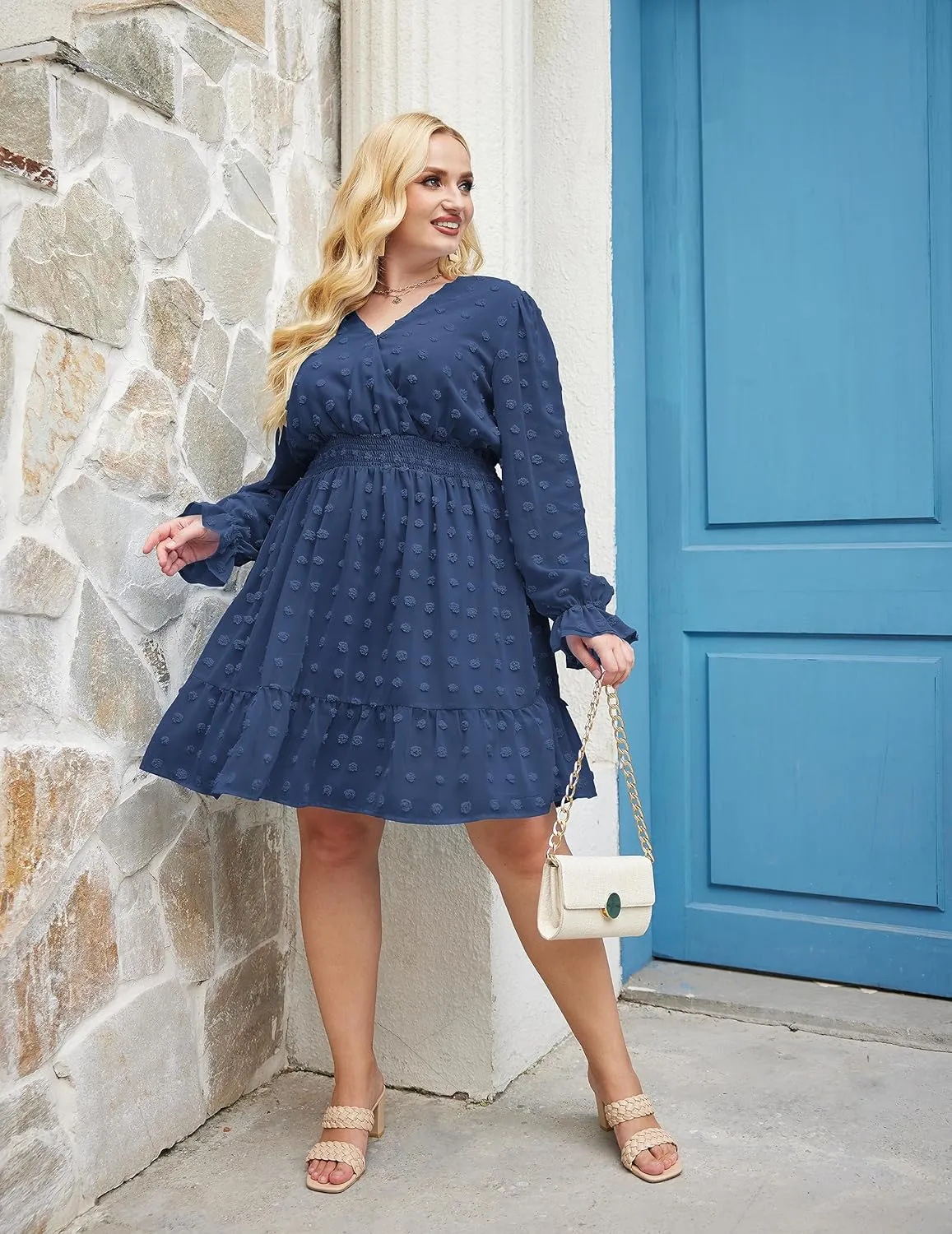 IN'VOLAND Women's Plus Size Swiss Dot Dress Long Sleeve V Neck Chiffon Smocked Short Dress Flowy Ruffle Babydoll Midi Dresses