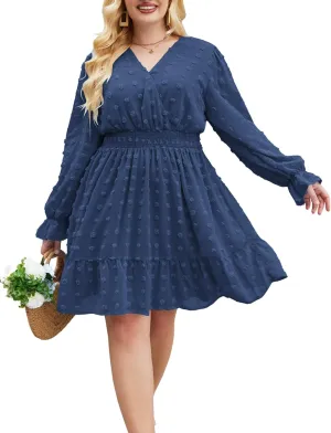 IN'VOLAND Women's Plus Size Swiss Dot Dress Long Sleeve V Neck Chiffon Smocked Short Dress Flowy Ruffle Babydoll Midi Dresses
