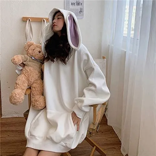 Japanese Kawaii Bunny Ears Hoodies for Women Cutecore Oversized Sweatshirt Baggy Long Sleeve Casual Fleece Top