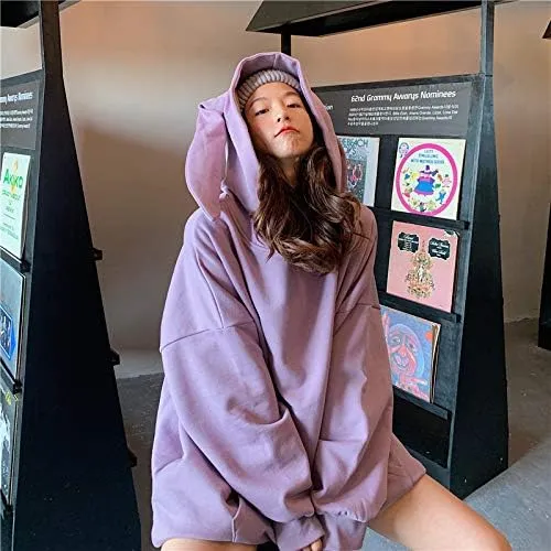 Japanese Kawaii Bunny Ears Hoodies for Women Cutecore Oversized Sweatshirt Baggy Long Sleeve Casual Fleece Top