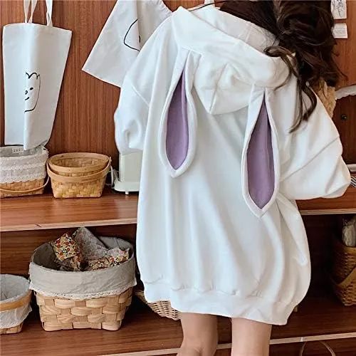Japanese Kawaii Bunny Ears Hoodies for Women Cutecore Oversized Sweatshirt Baggy Long Sleeve Casual Fleece Top