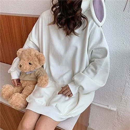 Japanese Kawaii Bunny Ears Hoodies for Women Cutecore Oversized Sweatshirt Baggy Long Sleeve Casual Fleece Top