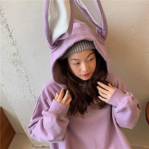 Japanese Kawaii Bunny Ears Hoodies for Women Cutecore Oversized Sweatshirt Baggy Long Sleeve Casual Fleece Top