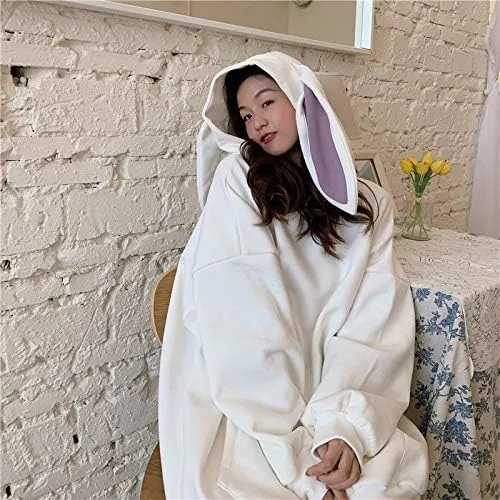 Japanese Kawaii Bunny Ears Hoodies for Women Cutecore Oversized Sweatshirt Baggy Long Sleeve Casual Fleece Top