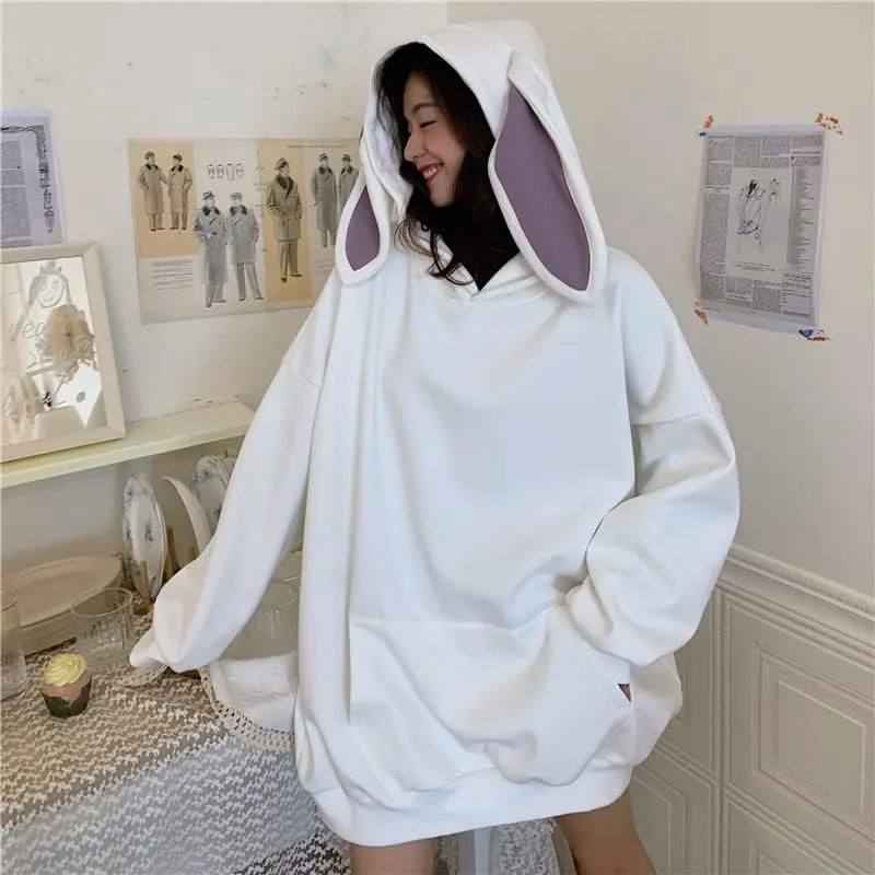 Japanese Kawaii Bunny Ears Hoodies for Women Cutecore Oversized Sweatshirt Baggy Long Sleeve Casual Fleece Top