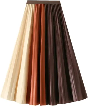 Jegsnoe Women Print Pleated Midi Skirt Autumn Casual A Line High Waist Long Skirt