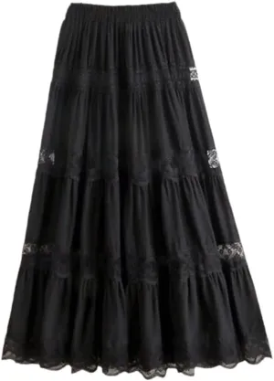 Jegsnoe Women's Chiffon Lace Stitching A-Line Pleated Skirt High Waist Elegant Party Midi Skirts