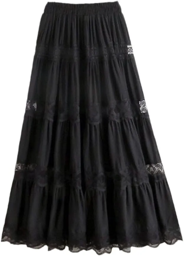 Jegsnoe Women's Chiffon Lace Stitching A-Line Pleated Skirt High Waist Elegant Party Midi Skirts