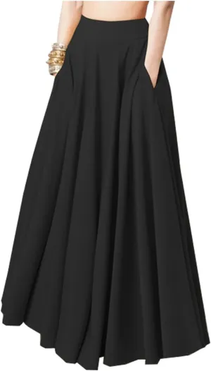 JITEM Women's Solid Color Pleated Long Skirt Plus Size Elastic High Waisted A-Line Swing Skirt Flowy Maxi Skirt w/Pockets