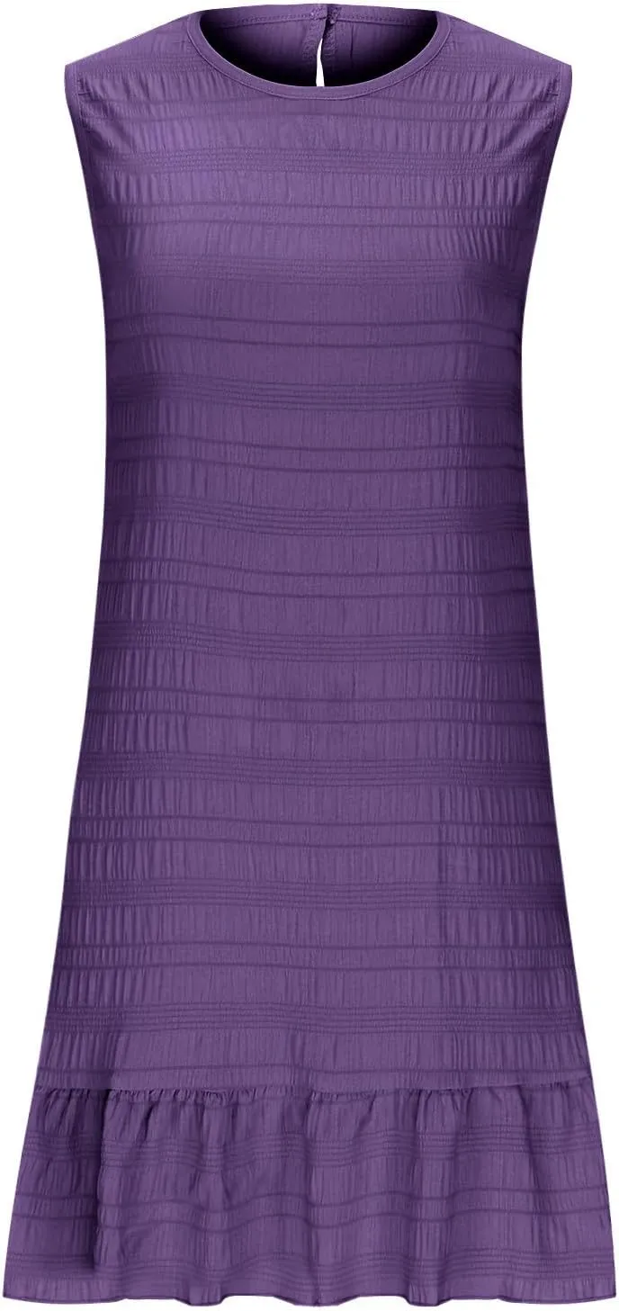 JOAU Summer Dresses for Women 2025 Casual Sleeveless Round Neck Tank Mini Short Dress A-Line Pleated Ruffle Ruched Sundress