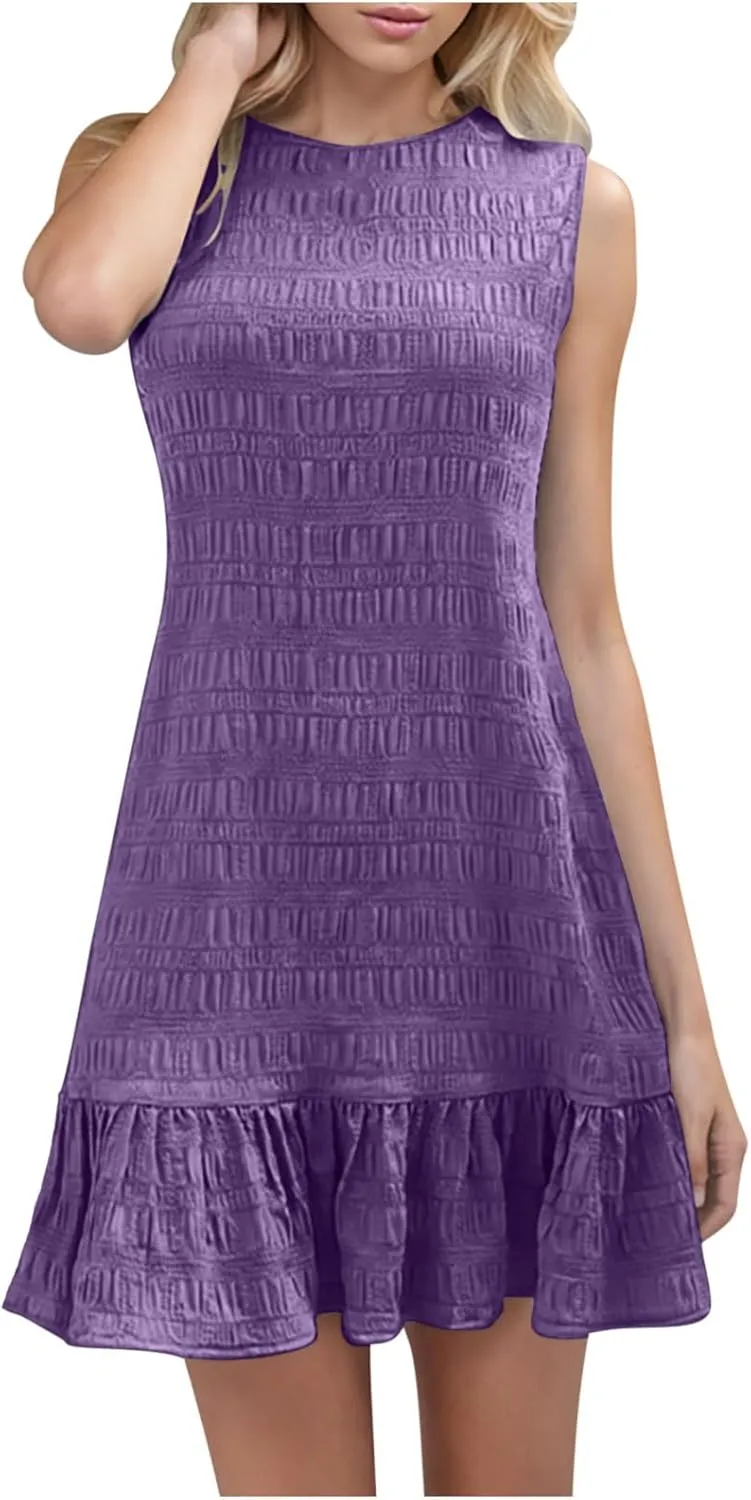 JOAU Summer Dresses for Women 2025 Casual Sleeveless Round Neck Tank Mini Short Dress A-Line Pleated Ruffle Ruched Sundress