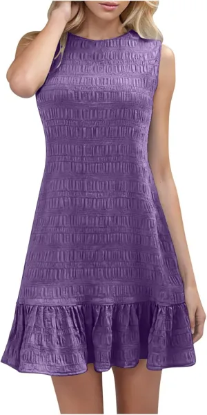 JOAU Summer Dresses for Women 2025 Casual Sleeveless Round Neck Tank Mini Short Dress A-Line Pleated Ruffle Ruched Sundress