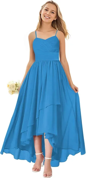 Junior Bridesmaid Dresses for Wedding High Low Chiffon Pleated Spaghetti Straps Formal Party Gown