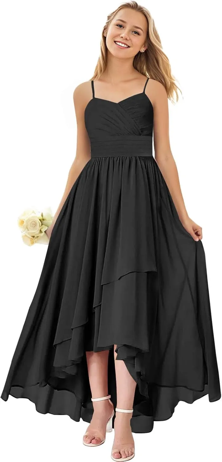 Junior Bridesmaid Dresses for Wedding High Low Chiffon Pleated Spaghetti Straps Formal Party Gown