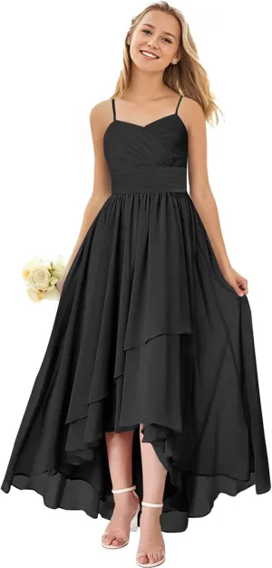 Junior Bridesmaid Dresses for Wedding High Low Chiffon Pleated Spaghetti Straps Formal Party Gown