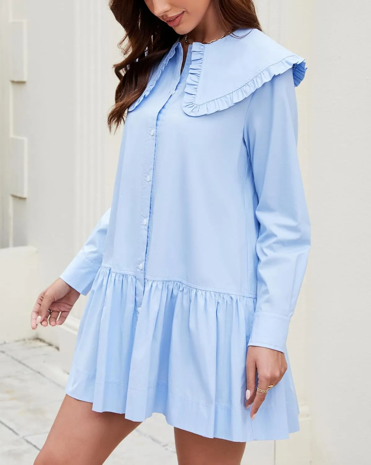 Kedera Women Shirt Mini Dress Button Down Ruffle Dress Long Sleeves Shift Dresses Peter Pan Collar Dresses