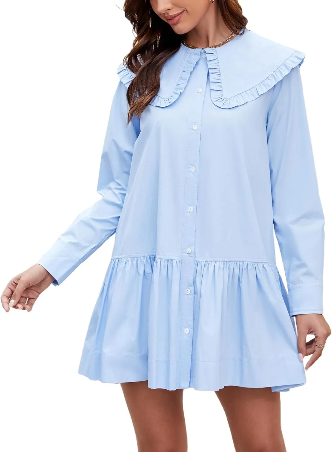 Kedera Women Shirt Mini Dress Button Down Ruffle Dress Long Sleeves Shift Dresses Peter Pan Collar Dresses