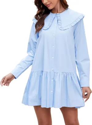 Kedera Women Shirt Mini Dress Button Down Ruffle Dress Long Sleeves Shift Dresses Peter Pan Collar Dresses