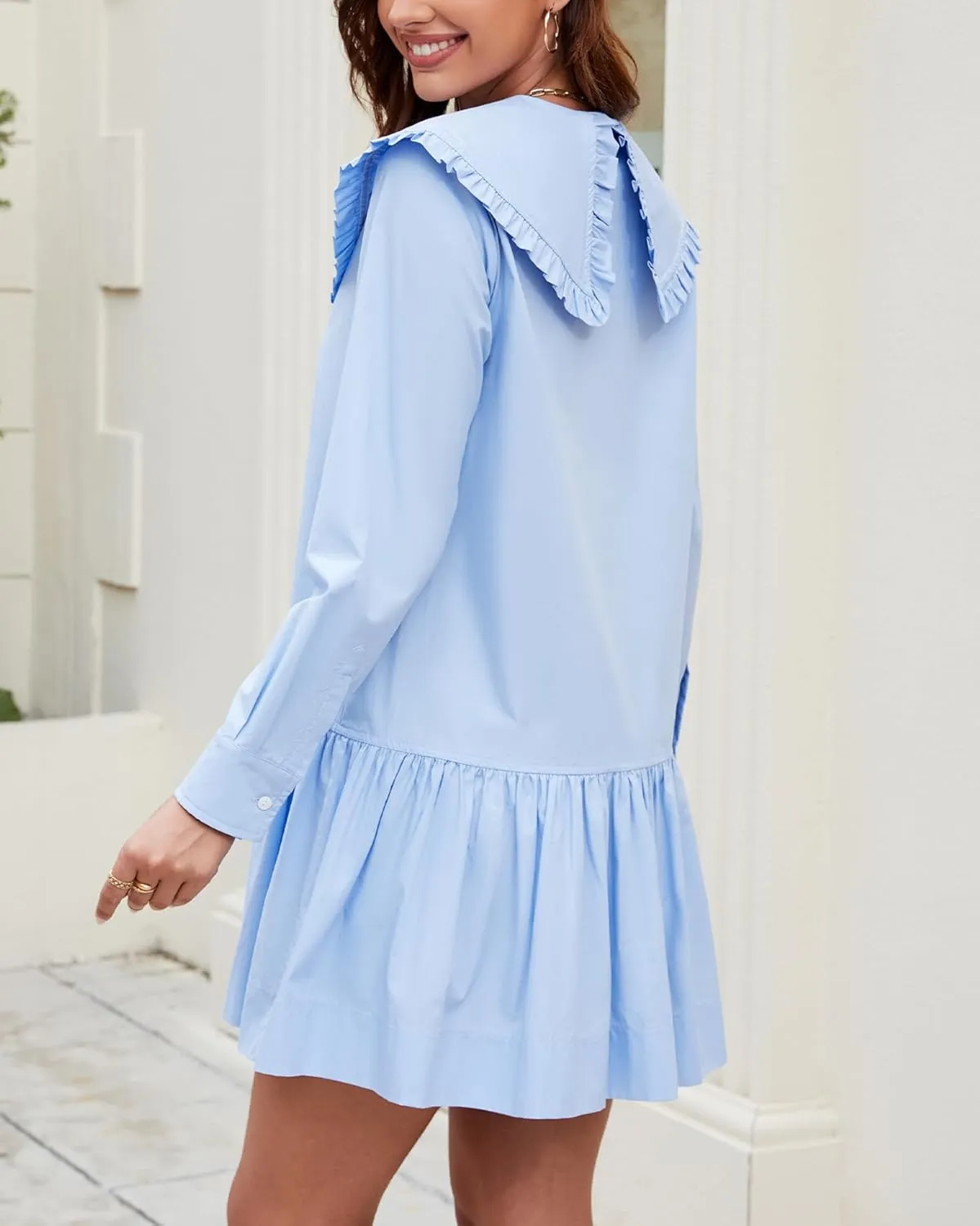 Kedera Women Shirt Mini Dress Button Down Ruffle Dress Long Sleeves Shift Dresses Peter Pan Collar Dresses