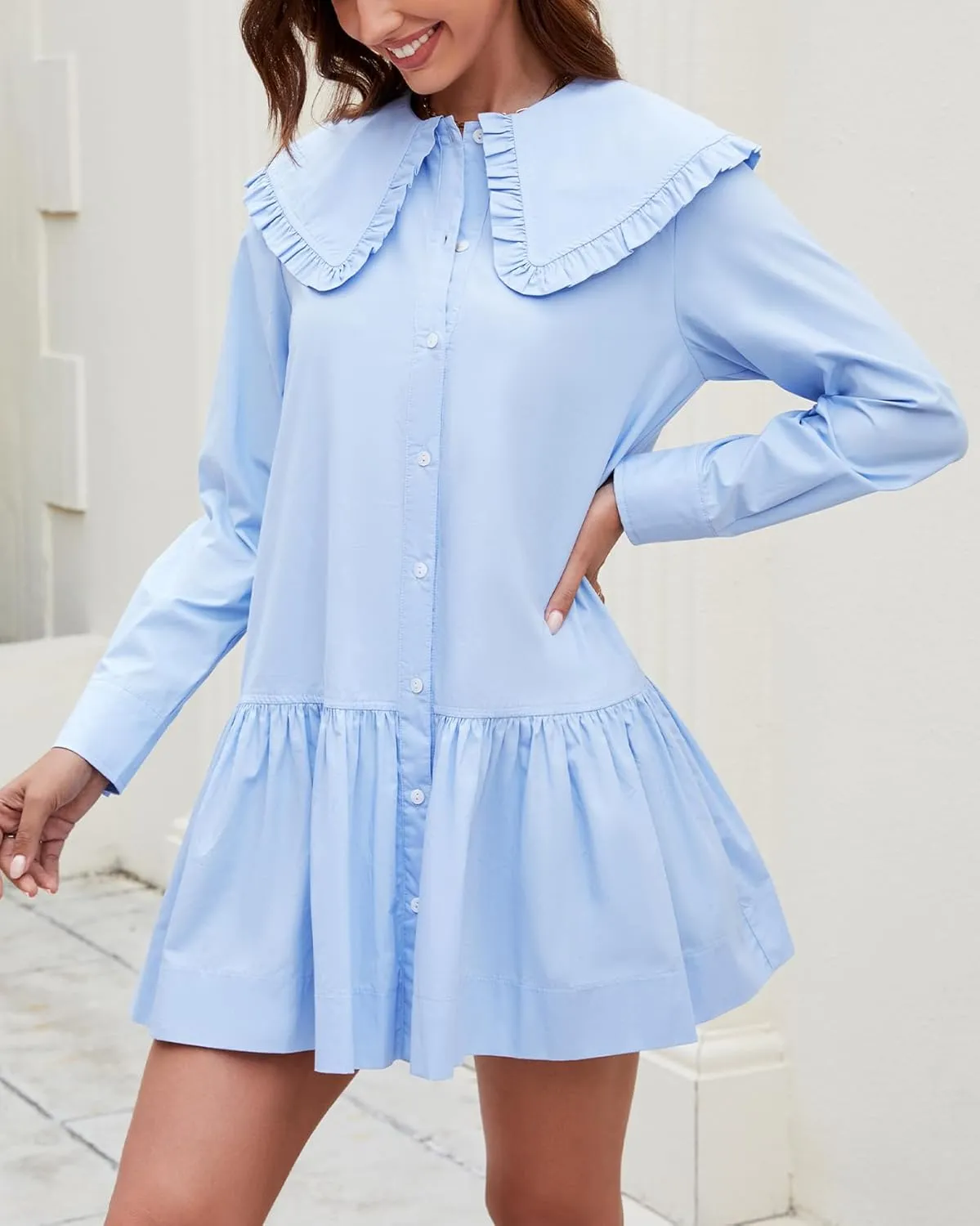 Kedera Women Shirt Mini Dress Button Down Ruffle Dress Long Sleeves Shift Dresses Peter Pan Collar Dresses
