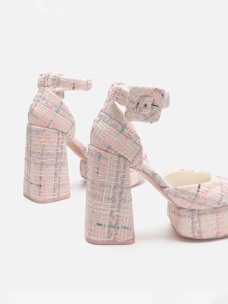 Knitted Ankle Strap Chunky Heeled Platform Pumps