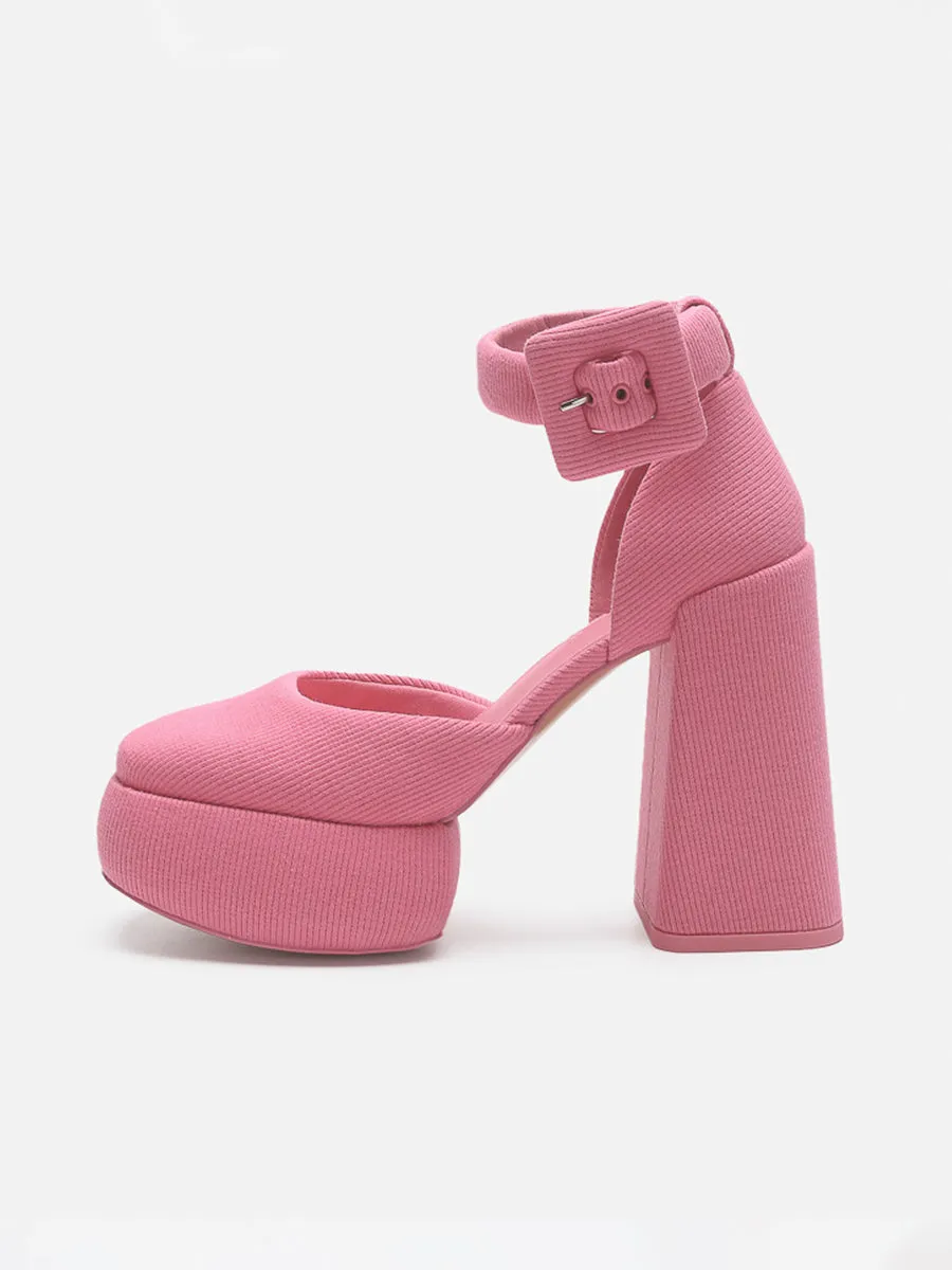 Knitted Ankle Strap Chunky Heeled Platform Pumps