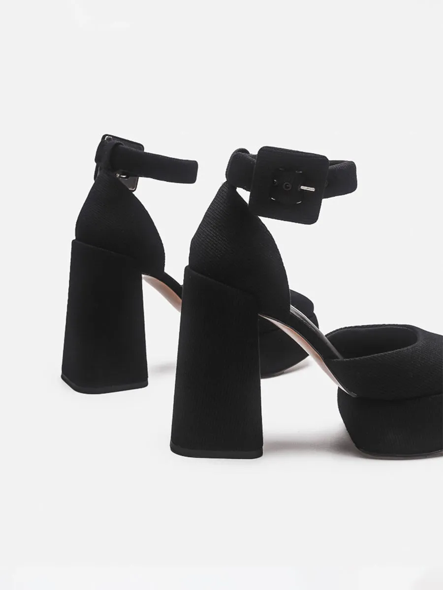 Knitted Ankle Strap Chunky Heeled Platform Pumps