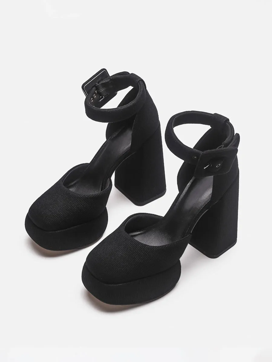 Knitted Ankle Strap Chunky Heeled Platform Pumps