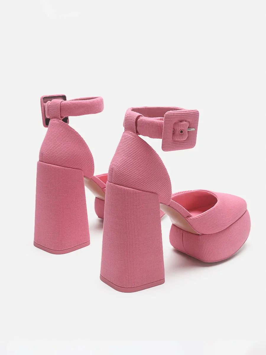 Knitted Ankle Strap Chunky Heeled Platform Pumps