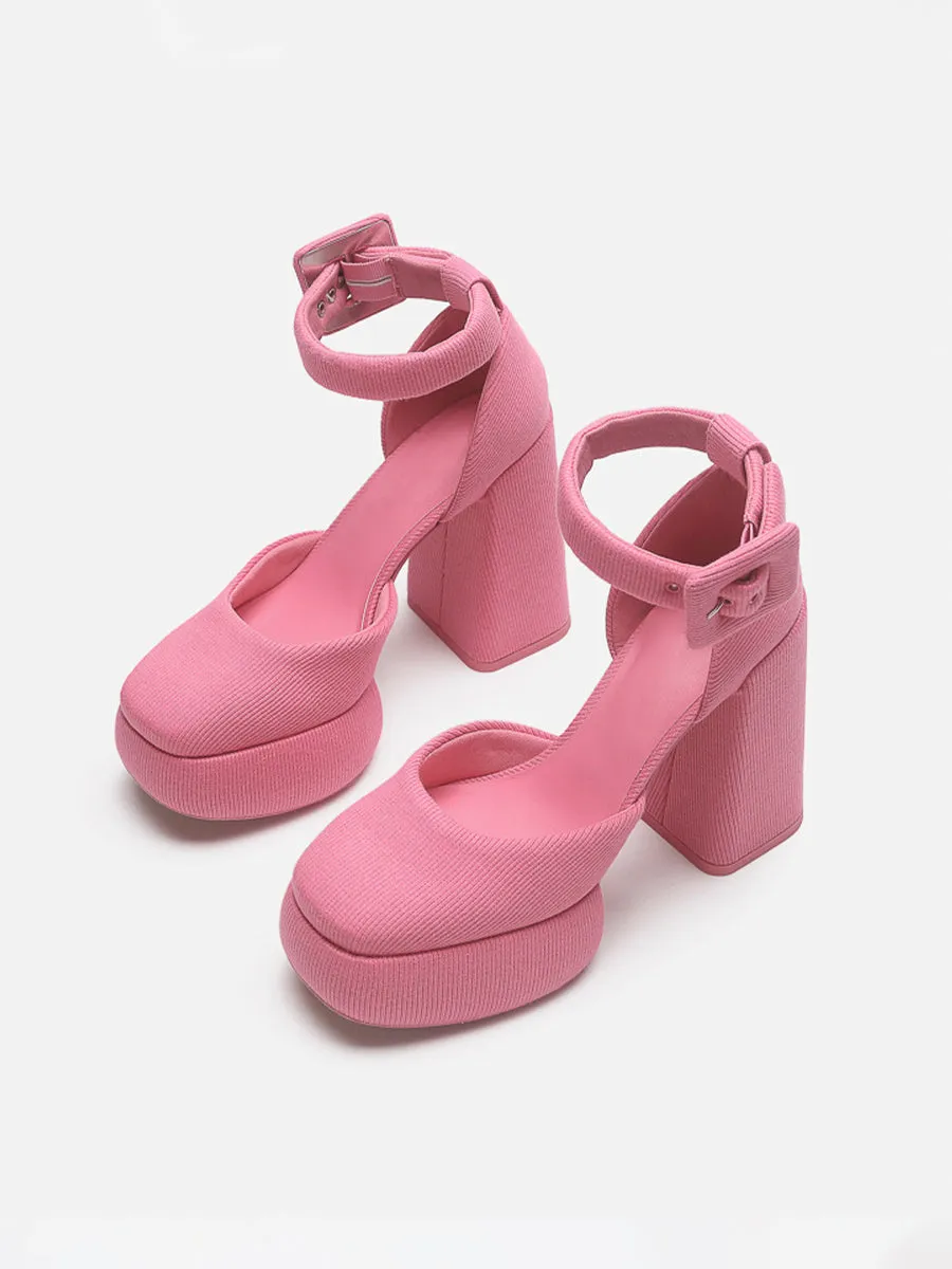 Knitted Ankle Strap Chunky Heeled Platform Pumps