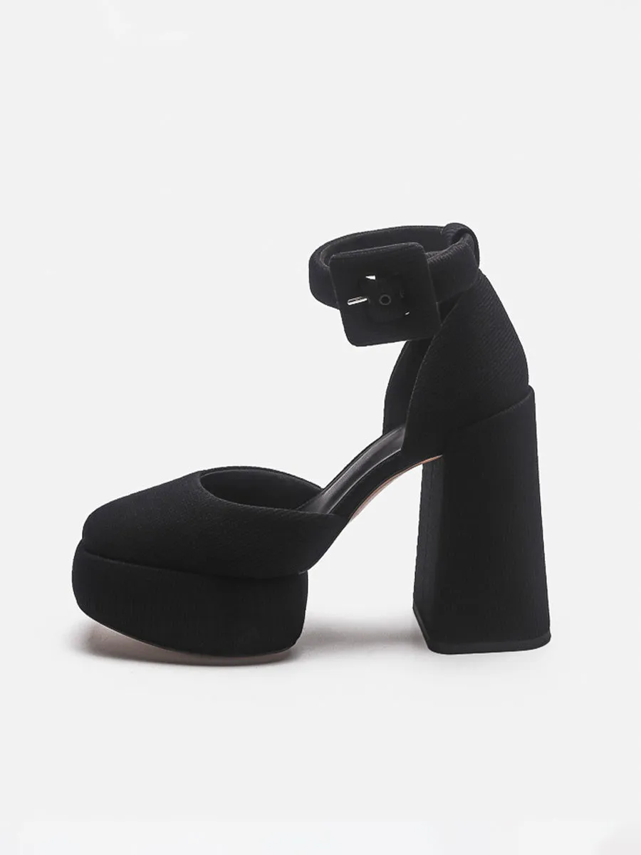 Knitted Ankle Strap Chunky Heeled Platform Pumps