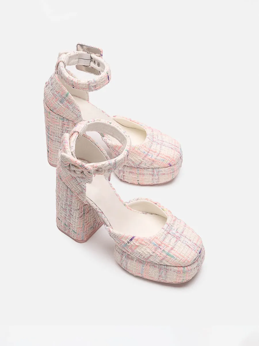 Knitted Ankle Strap Chunky Heeled Platform Pumps