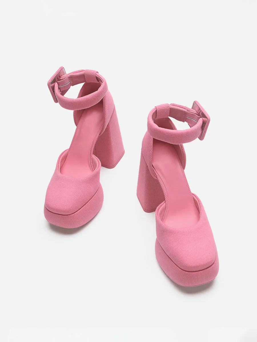 Knitted Ankle Strap Chunky Heeled Platform Pumps